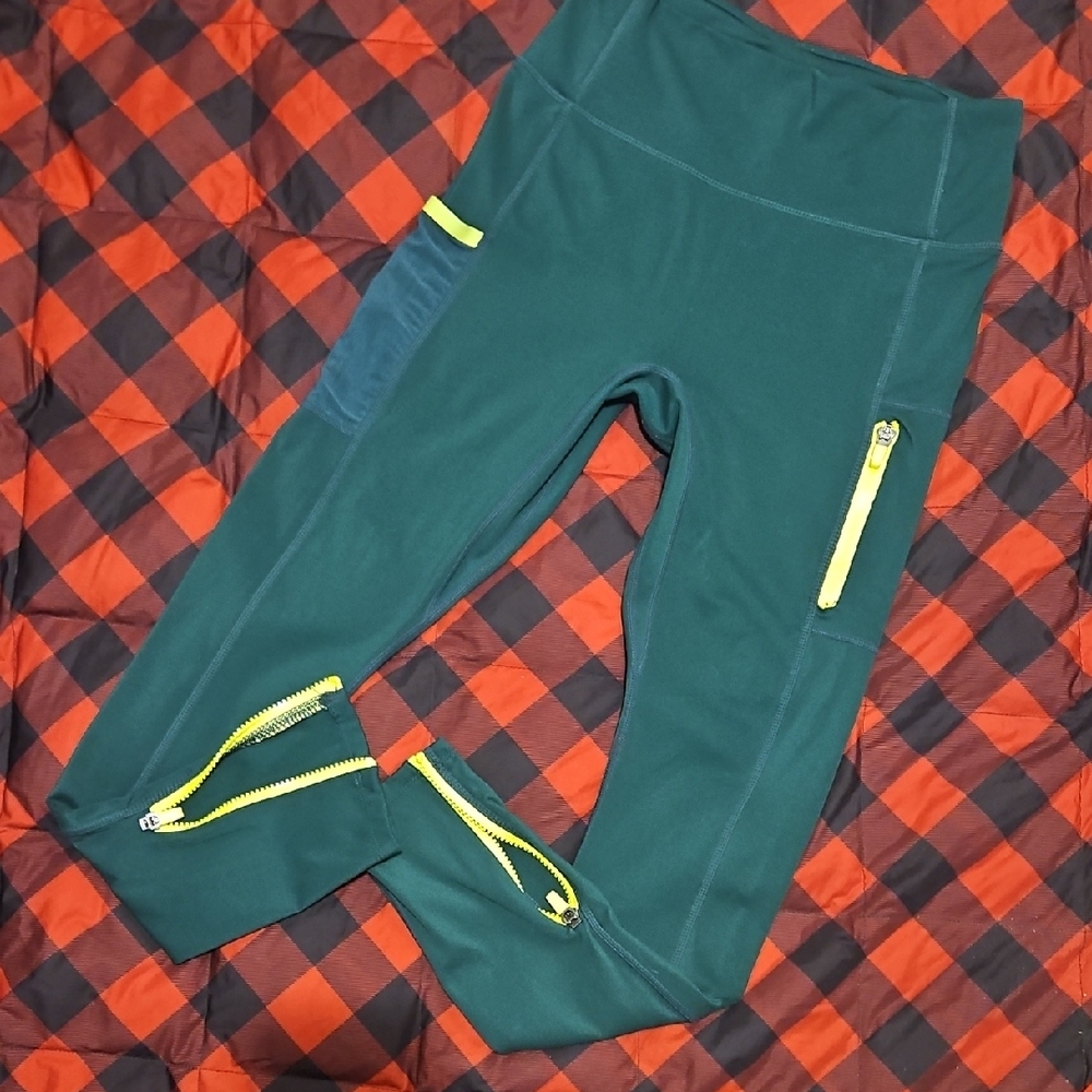 Fabletics Teal Leggings with Yellow Zippers